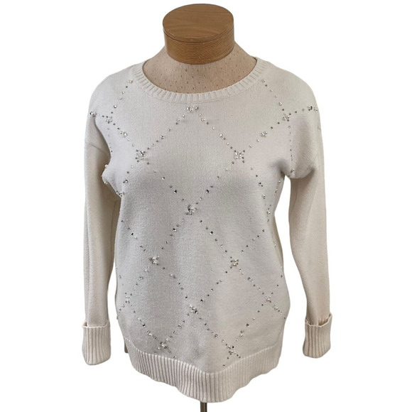 Lane Bryant Women’s Size 14/16 Ivory Sweater Crew Neck Embellished Beaded Design - Picture 1 of 16